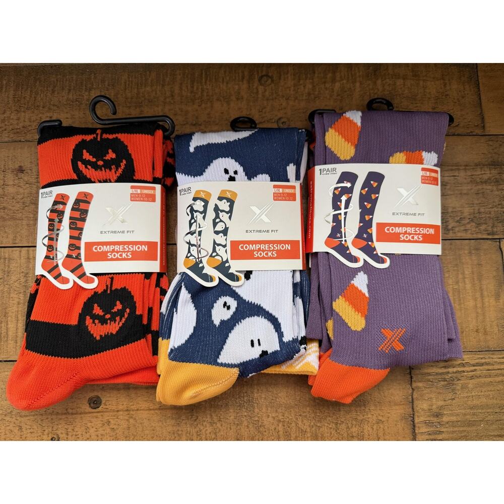 Extreme Fit Compression Socks L/XL Halloween 3 Pairs Pumpkin Ghost Candy Corn